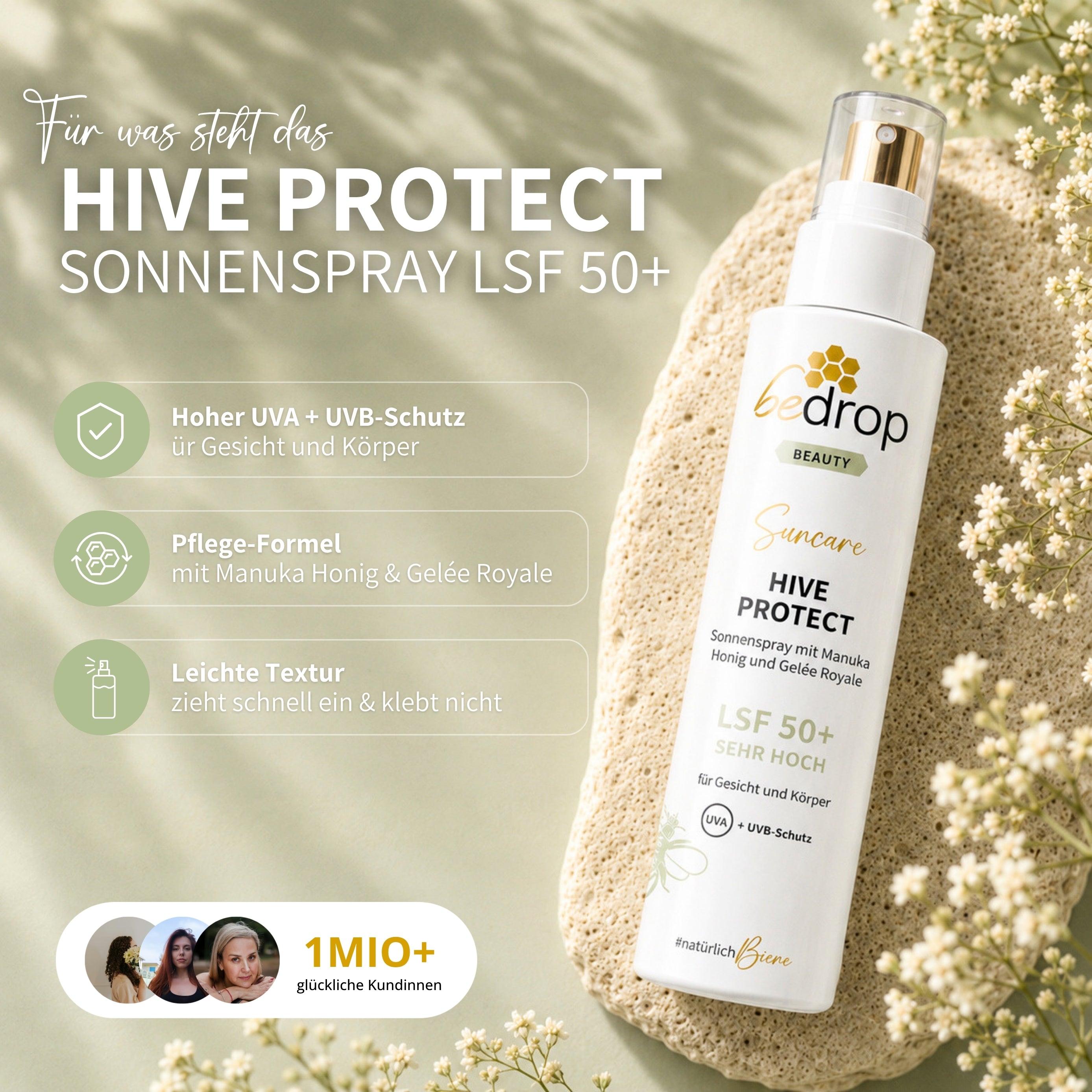HIVE PROTECT SPF 50+ Spray Solaire au Miel de Manuka et à la Gelée Royale, Protection Solaire pour le Visage & ; Corps - 200 ml