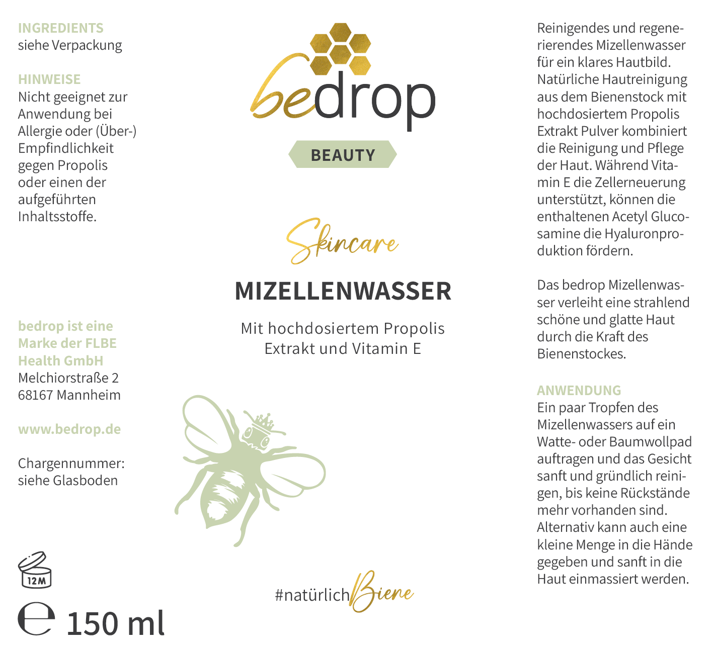 EAU MIELLE / TONIQUE avec extrait de propolis de haute qualité - 150ml