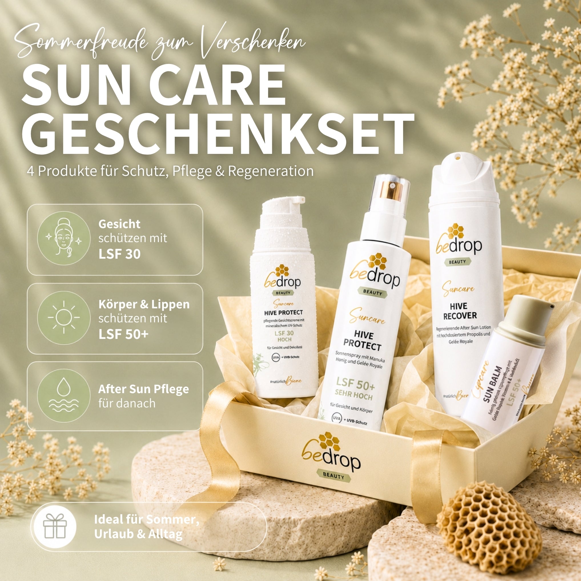 Coffret de soins solaires : baume solaire pour les lèvres, crème visage/crème solaire Hive Protect + spray solaire et après-soleil, SPF 30 et SPF 50+