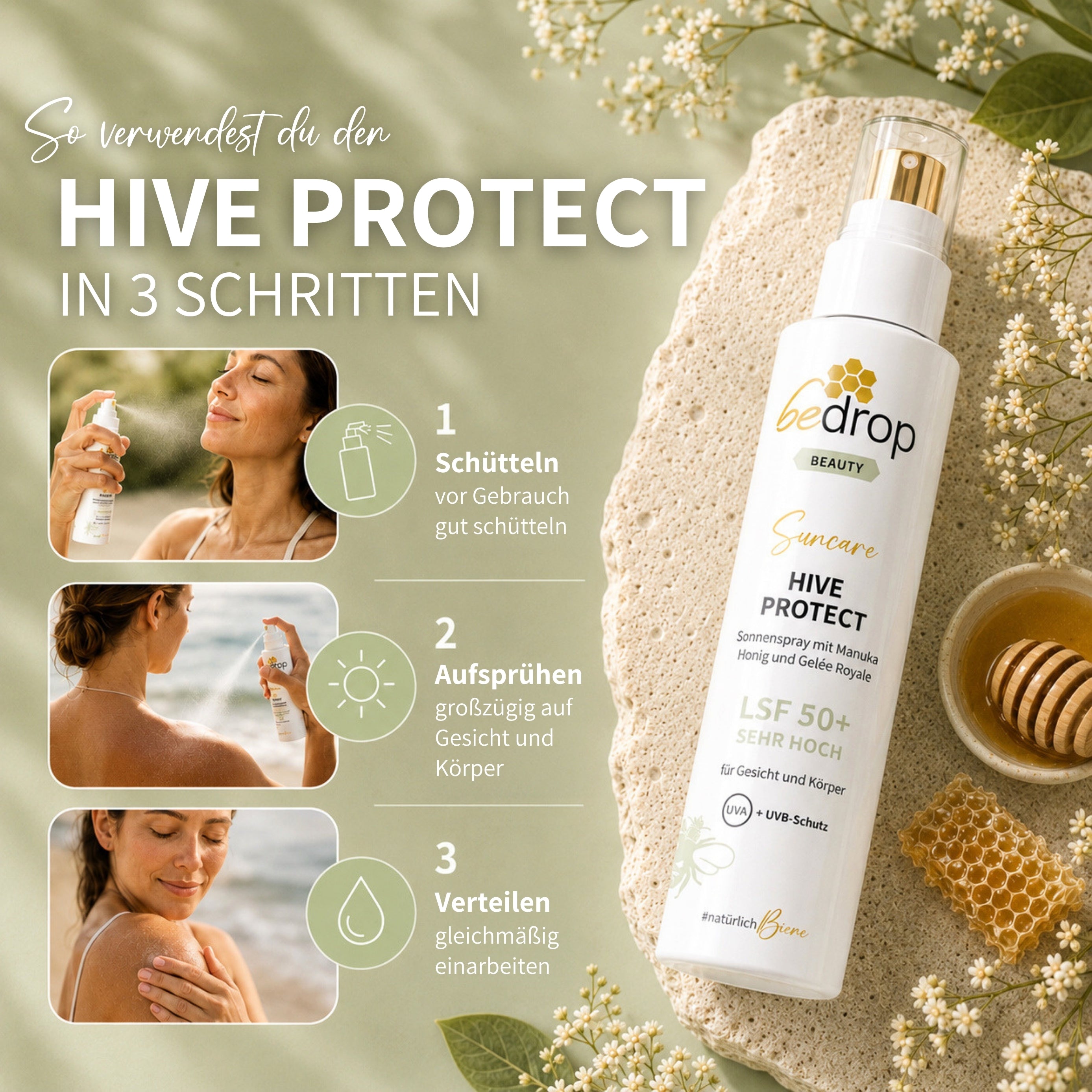 HIVE PROTECT SPF 50+ Spray Solaire au Miel de Manuka et à la Gelée Royale, Protection Solaire pour le Visage & ; Corps - 200 ml