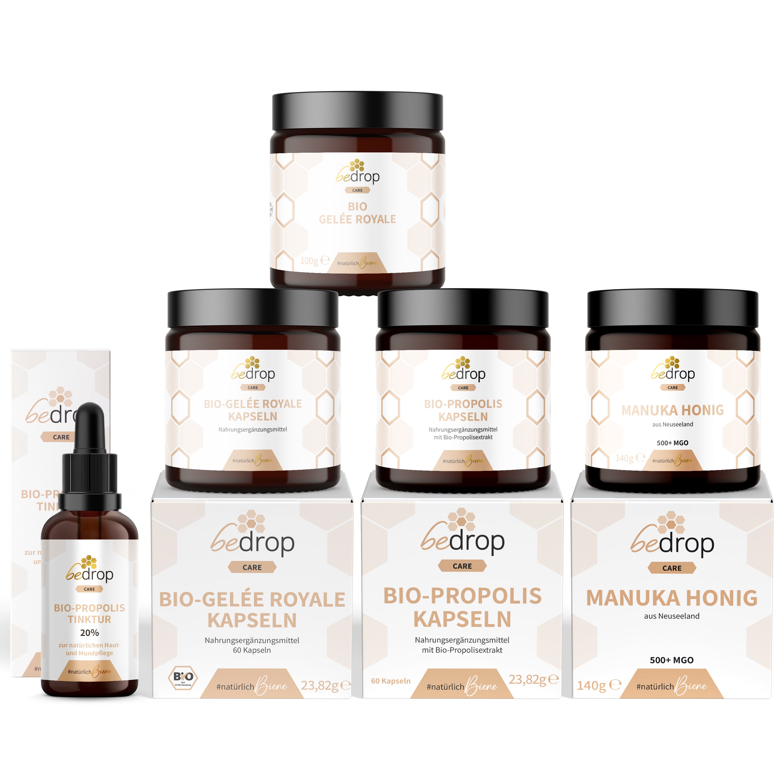 Le kit polyvalent | Capsules de propolis & teinture à 20% + Capsules de gelée royale & pur/frais + Miel de Manuka