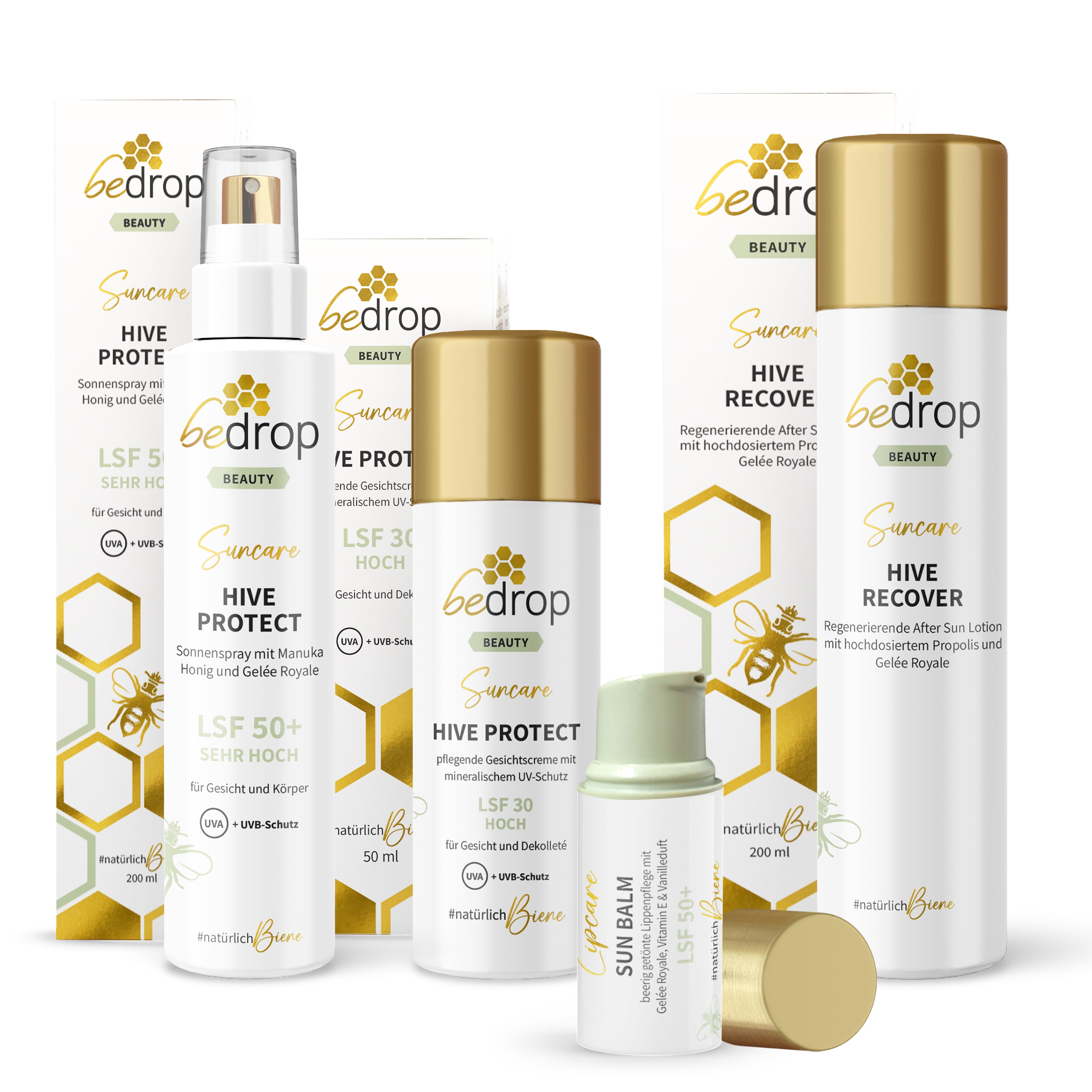 Coffret de soins solaires : baume solaire pour les lèvres, crème visage/crème solaire Hive Protect + spray solaire et après-soleil, SPF 30 et SPF 50+