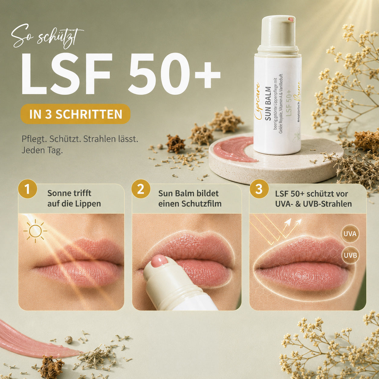 SUN BALM SPF 50+ - baume teinté pour les lèvres à la gelée royale & au délicat parfum de vanille