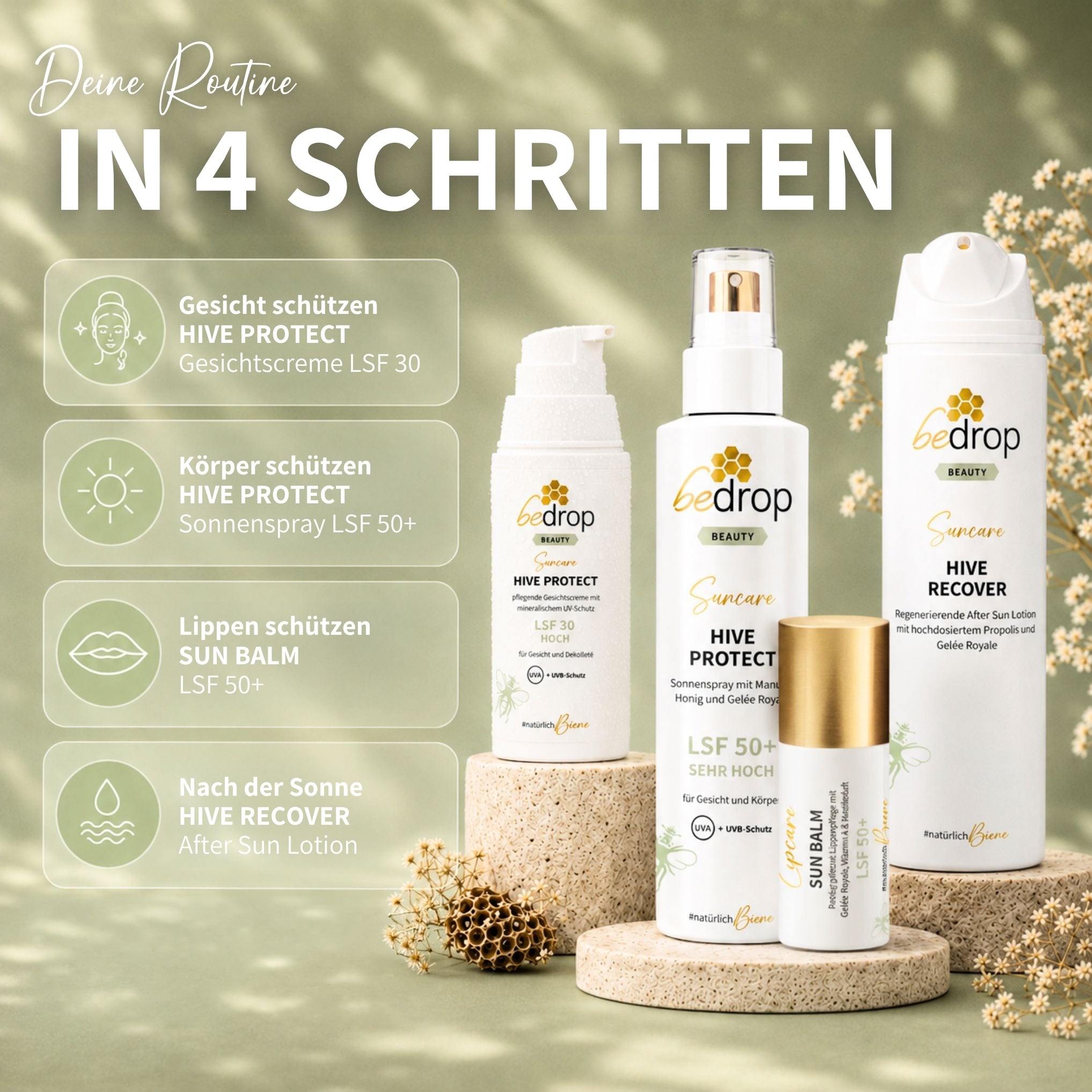 Coffret de soins solaires : baume solaire pour les lèvres, crème visage/crème solaire Hive Protect + spray solaire et après-soleil, SPF 30 et SPF 50+