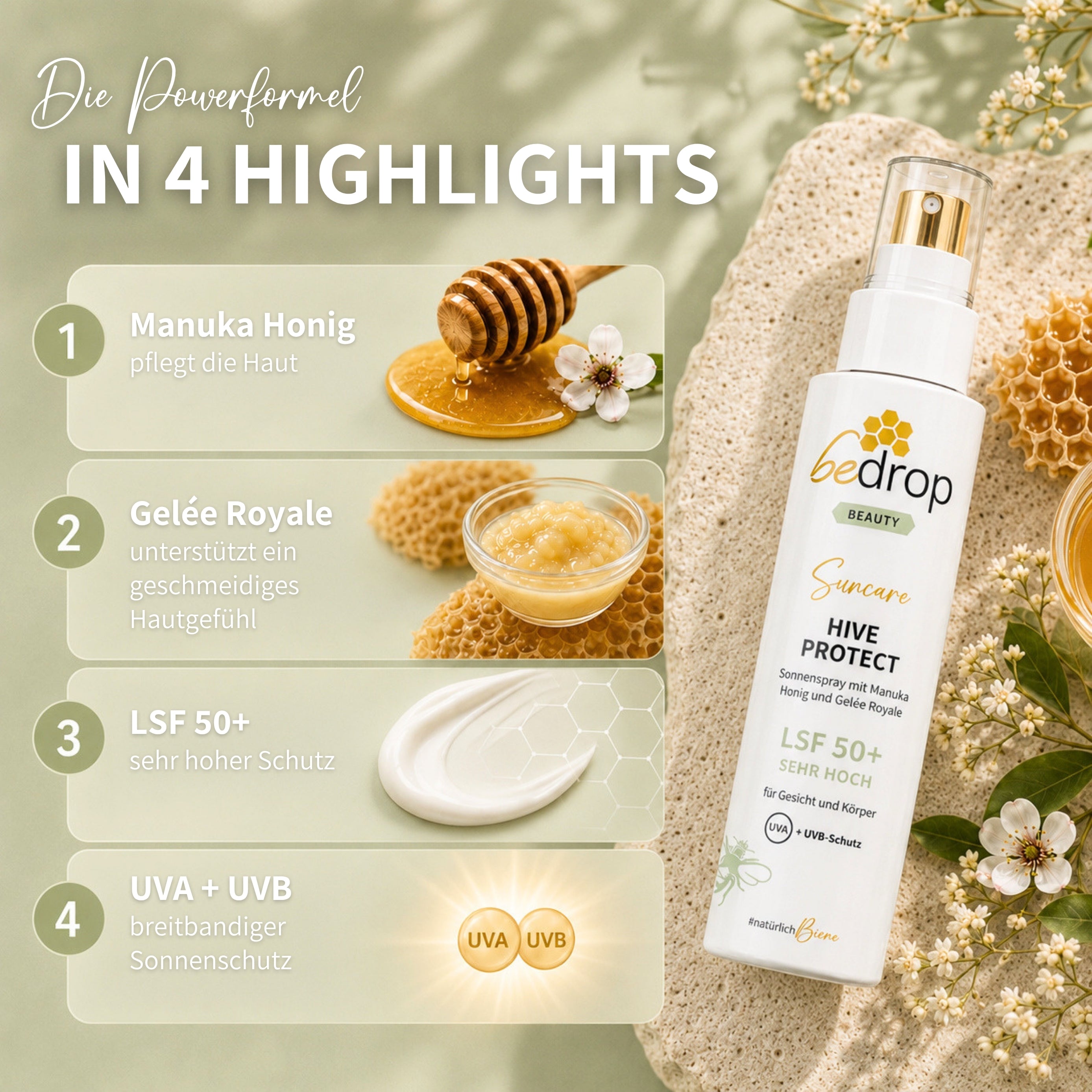 HIVE PROTECT SPF 50+ Spray Solaire au Miel de Manuka et à la Gelée Royale, Protection Solaire pour le Visage &amp ; Corps - 200 ml
