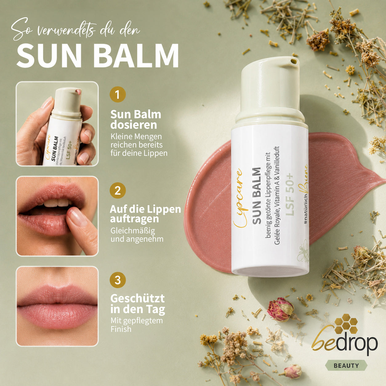 SUN BALM SPF 50+ - baume teinté pour les lèvres à la gelée royale & au délicat parfum de vanille