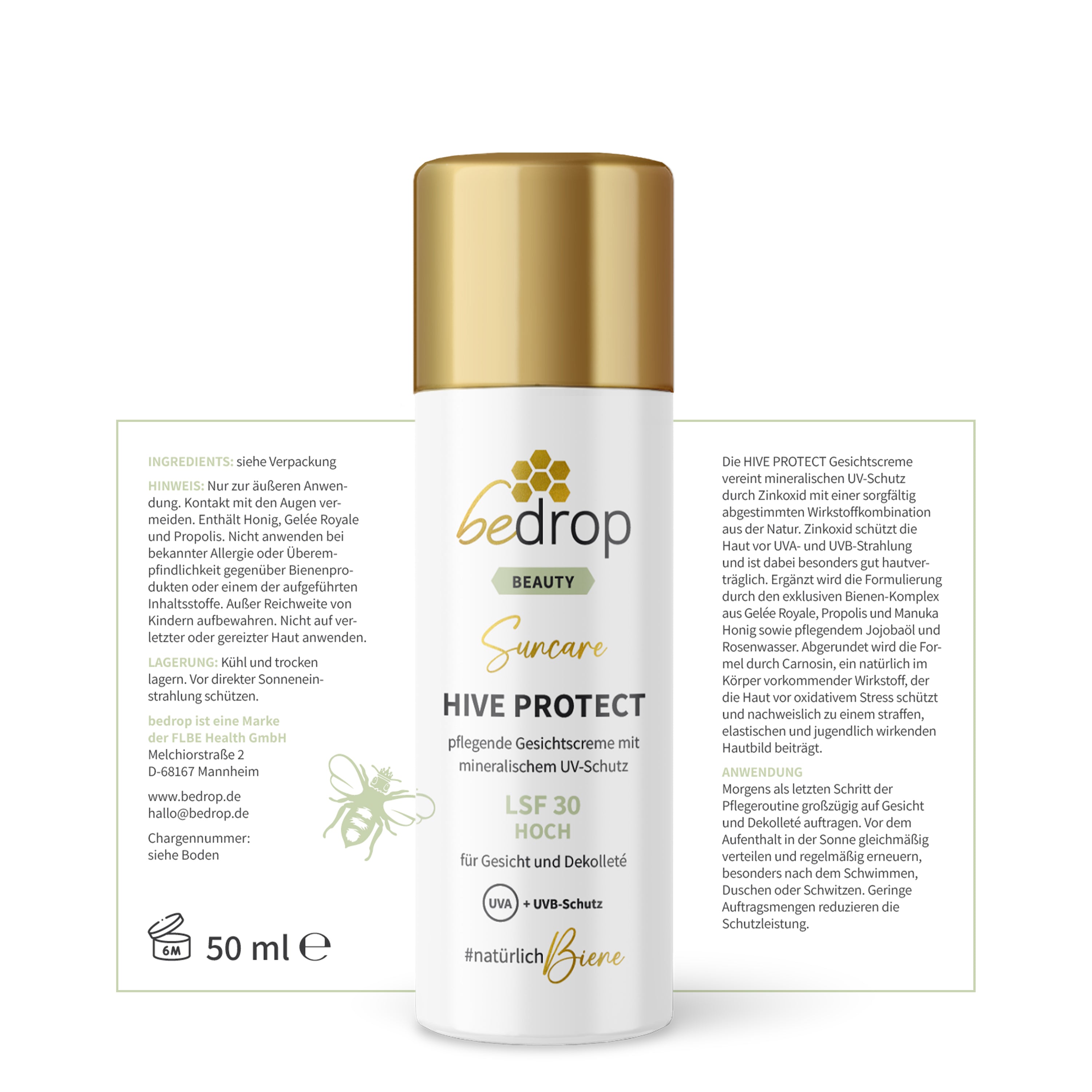 HIVE PROTECT SPF 30 - Crème solaire pour le visage et le décolleté avec protection minérale contre les UVA et les UVB  - 50 ml