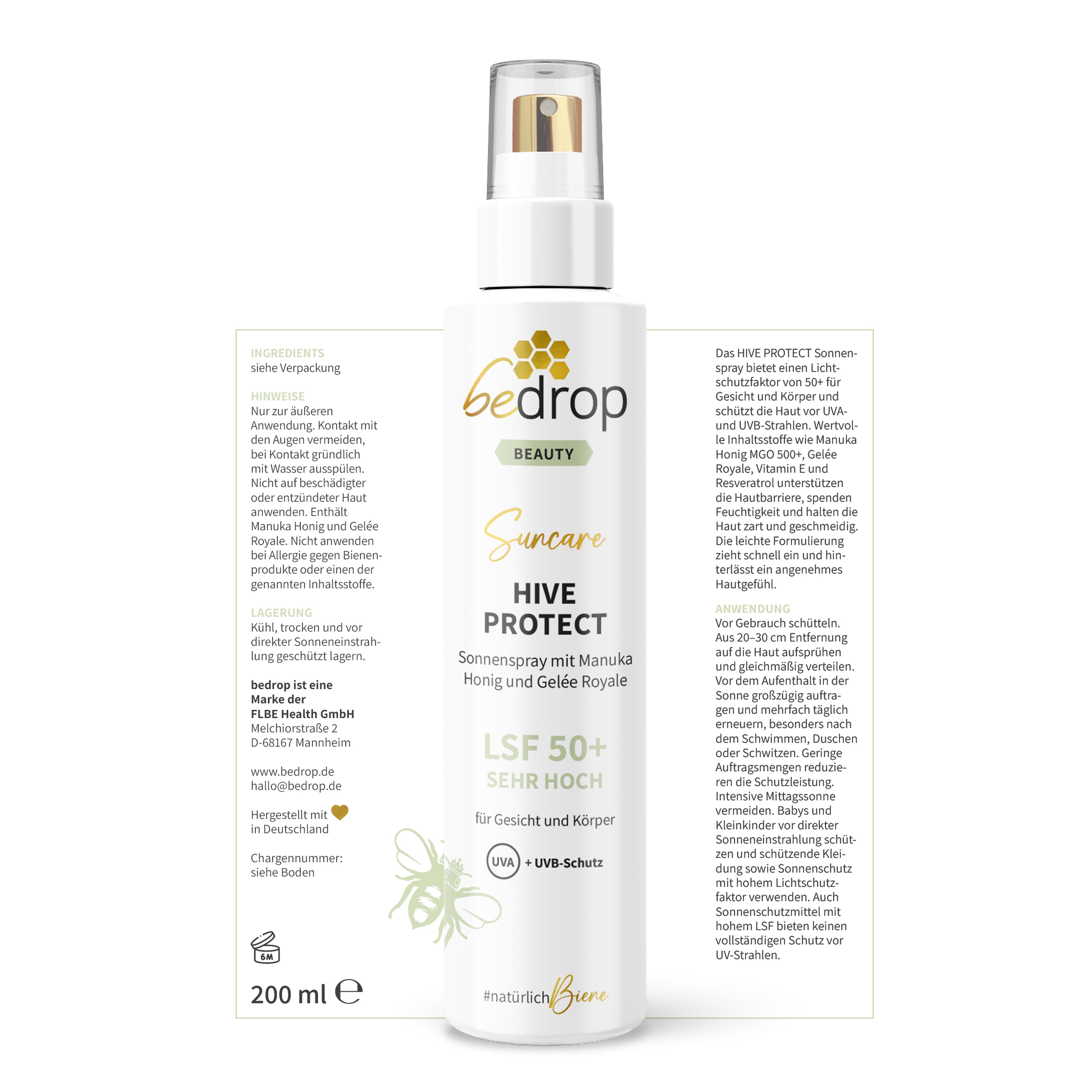 HIVE PROTECT SPF 50+ Spray Solaire au Miel de Manuka et à la Gelée Royale, Protection Solaire pour le Visage &amp ; Corps - 200 ml