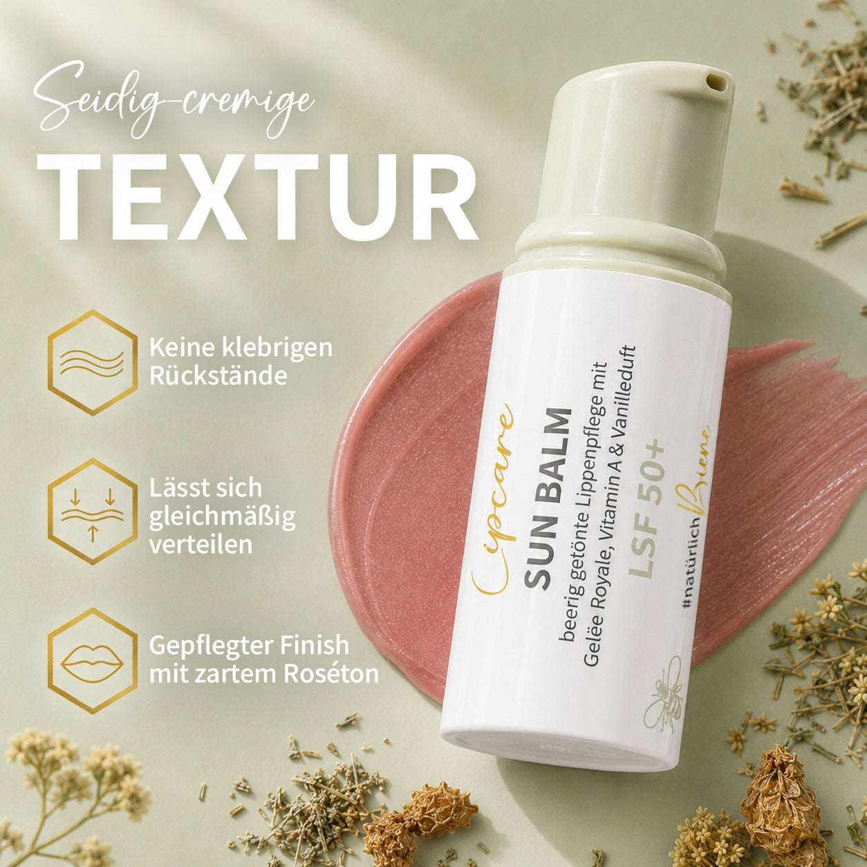 SUN BALM SPF 50+ - baume teinté pour les lèvres à la gelée royale & au délicat parfum de vanille