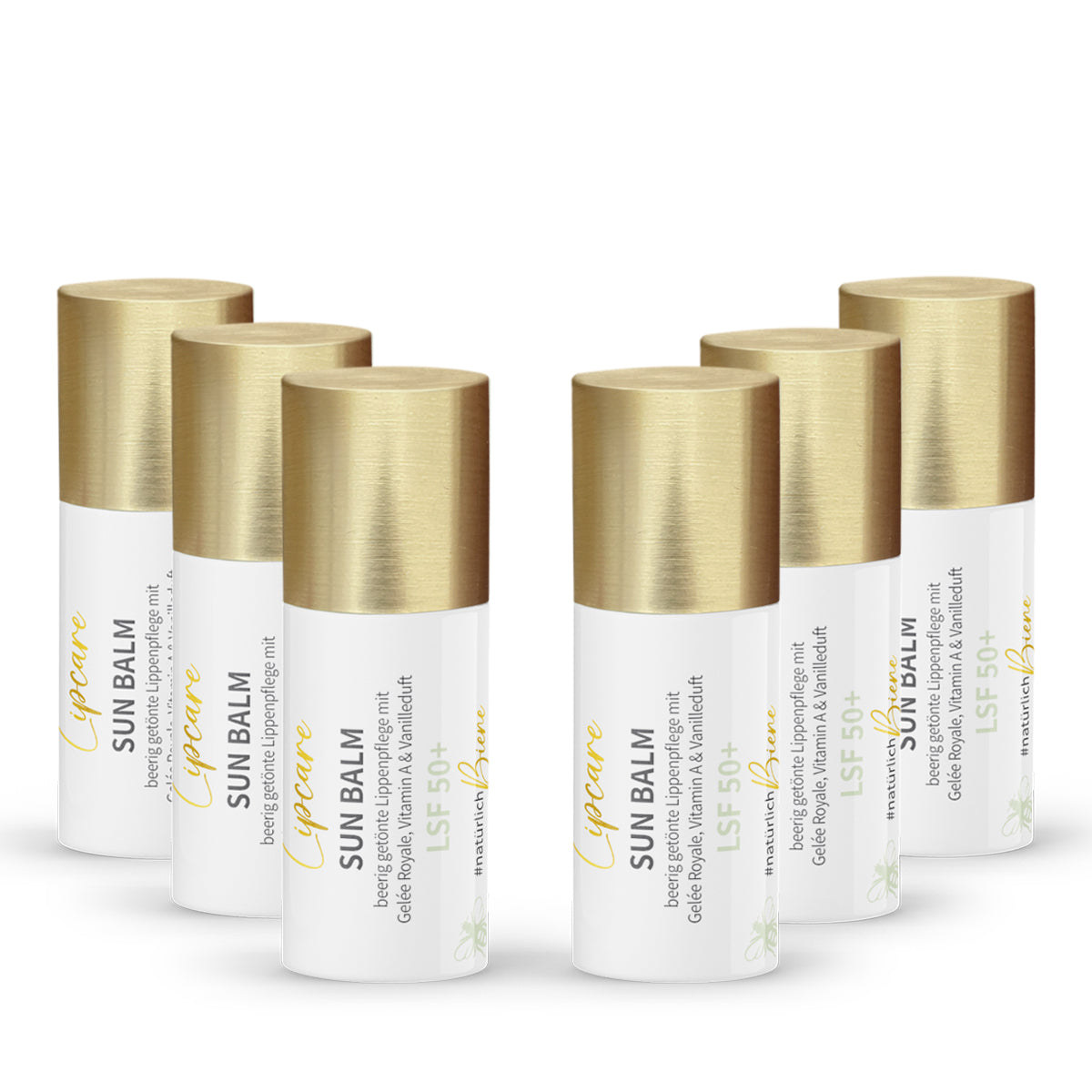 Coffret avantage : 6x Sun Balm SPF 50+ - baume teinté pour les lèvres à la gelée royale & au doux parfum de vanille